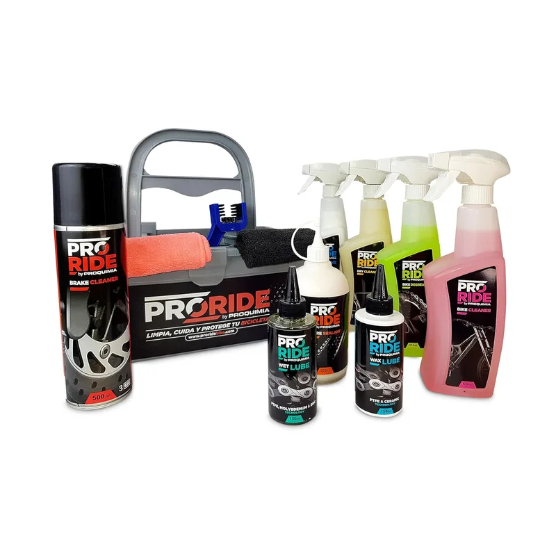 PRORIDE ▫️ Kit profissional completo de limpeza, cuidado e manutenção de bicicletas - 11 artigos - produtos de limpeza, lubrificantes, fluido de proteção contra furos, pano, escova e cesto.