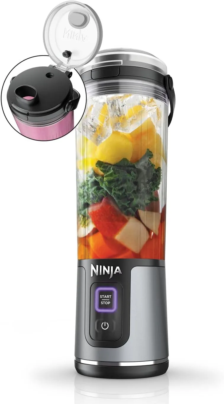 Ninja ▫️ Varinha mágica portátil Blast, copo de 530 ml com tampa anti-gotejamento e bico de sorver, mini varinha mágica sem fios, recarregável, smoothies, batidos de proteínas, picador de gelo e de fruta congelada, BC151EUBK