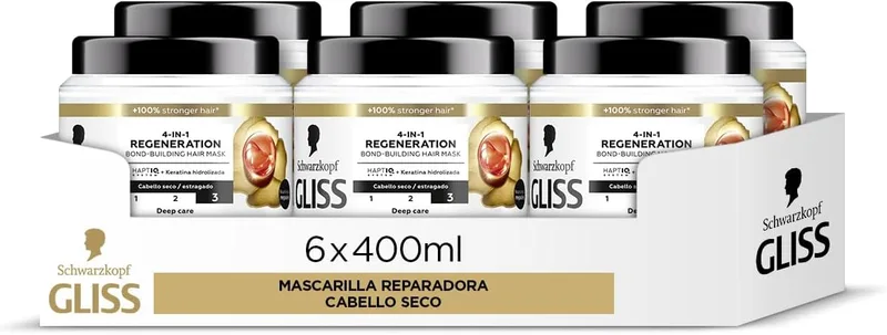 Gliss ▫️ Máscara para cabelos secos - Reparação total - 6 unid. de 400 ml (2.400ml) - Gama de reparação.