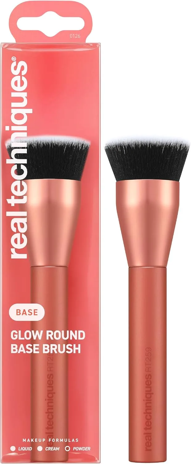 REAL TECHNIQUES ▫️ Pincel de maquilhagem Glow de base redonda, para maquilhagem líquida e em creme, pincel de base plana para aperfeiçoar e esbater a cobertura, cerdas sintéticas densas, 1 unidade