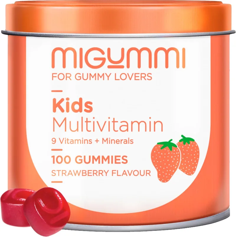 U MIGUMMI ▫️ Gomas multivitamínicas para crianças - 100 Gomas sabor a morango natural - Vitamina C, D, B12, E, A, B6, B5, biotina, ácido fólico, zinco, iodo, colina - 12 vitaminas e minerais - Vegan
