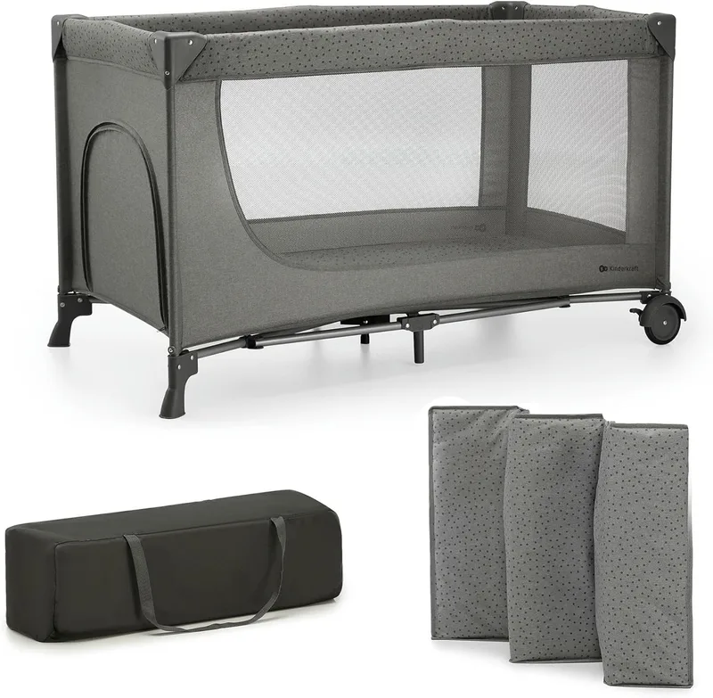 Kinderkraft ▫️ Berço de viagem 3 em 1 Joy 2 para bebés até 25 kg, dobrável de forma rápida e fácil, entrada lateral, bolsa de viagem, cinzento