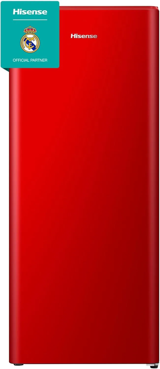 Hisense ▫️ RR220D4BRE - Frigorífico de uma porta, congelador com zona de congelação, 165 L de capacidade, 128 cm de altura, Classe E, prateleira para garrafas, descongelação cíclica, gaveta para frutas e legumes, vermelho, compartimento do congelador, compartimento do congelador, compartimento do co