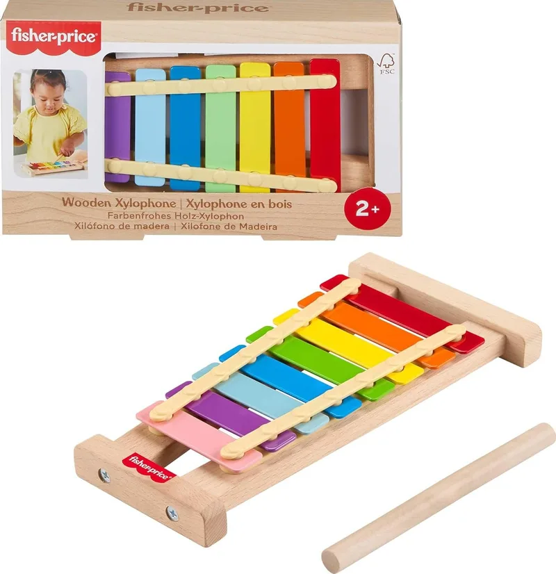 Fisher-Price ▫️ Xilofone de madeira com baqueta em cores vibrantes, brinquedo musical fabricado com material certificado pelo FSC, brinquedo inspirado no método Montessori, a partir dos 3 anos (HXV13)
