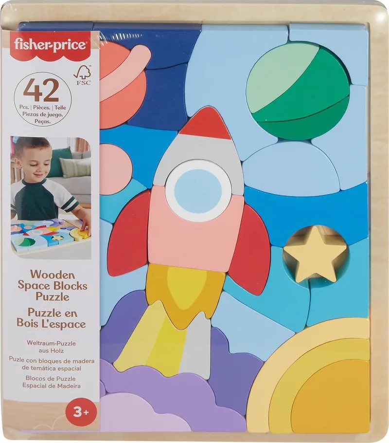 Fisher-Price ▫️ Puzzle Espacial de Madeira com 42 peças, fabricadas em material com certificação FSC, que formam um foguetão; jogo inspirado na metodologia Montessori; a partir dos 3 anos (HXY42)