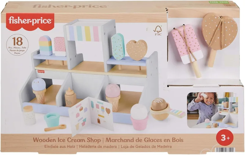 Fisher-Price ▫️ Gelataria de madeira, brinquedo de simulação com 18 peças fabricadas em material com certificação FSC, conjunto inspirado na metodologia Montessori, a partir dos 3 anos (HXV21)