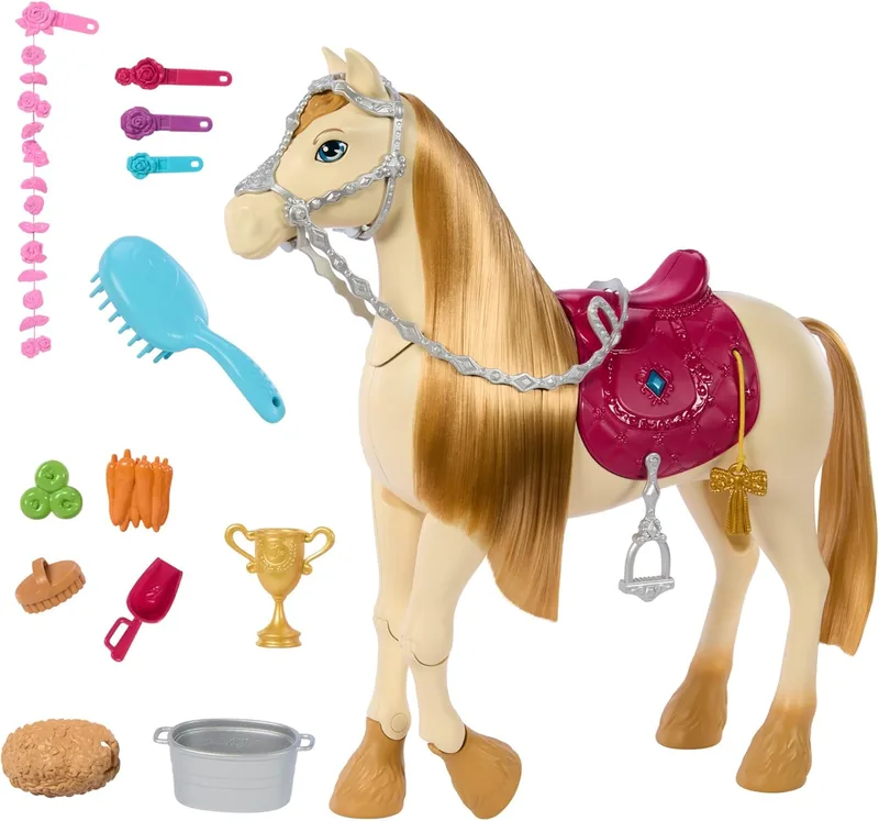 Barbie Mysteries: Em Busca da Égua Perdida Cavalo Dança & Espetáculo, Cavalo de brincar com sons para bonecas com troféu e acessórios de estábulo, inspirado na série,+3 anos, HXJ42