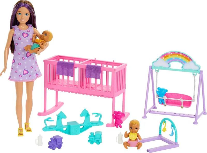 Barbie ▫️ Boneca Skipper e Conjunto de Quarto de Bebé com Acessórios | com acessórios, inclui bonecos de bebé gémeos, berço, baloiço, balancim e muito mais, HXM99