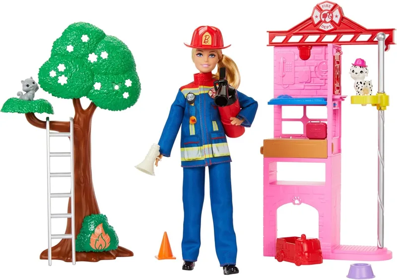 Barbie ▫️ Boneca You Can Be a Firefighter com quartel de bombeiros, animais de estimação e acessórios de combate a incêndios, brinquedo +3 anos (HRG55)