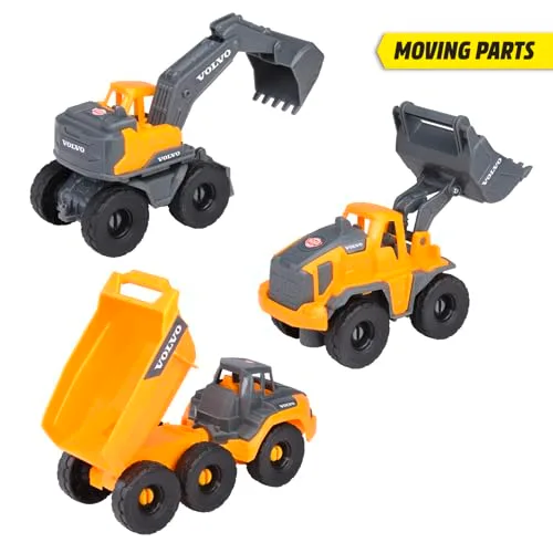 Dickie Toys ▫️ Conjunto de veículos de construção Volvo, 3 veículos de brincar (escavadora, carregadora, camião basculante) para crianças, 16 cm, rodas giratórias e peças móveis. A partir dos 3 anos (203722015) 2