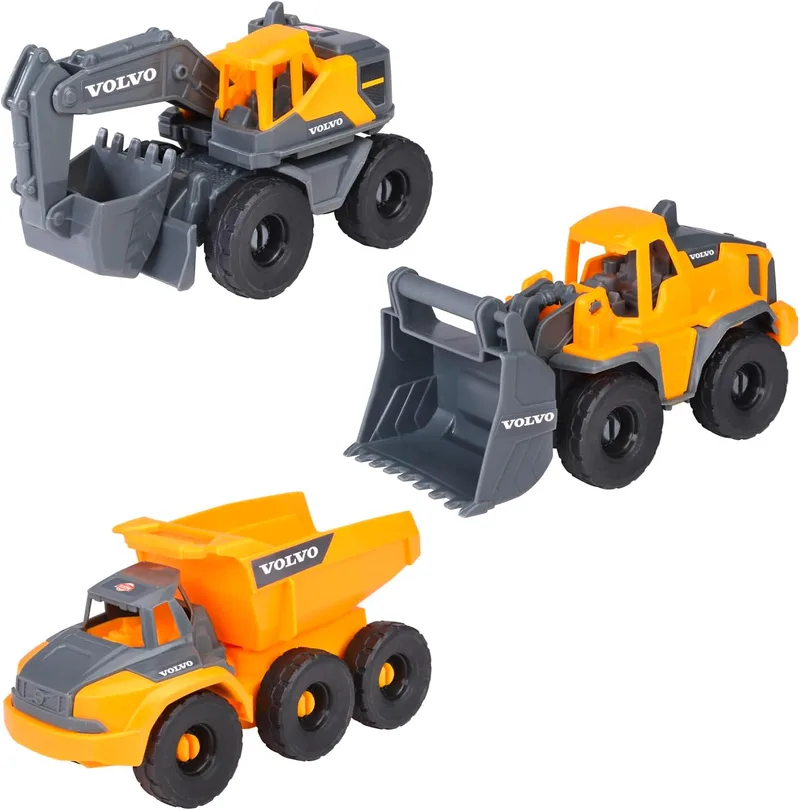 Dickie Toys ▫️ Conjunto de veículos de construção Volvo, 3 veículos de brincar (escavadora, carregadora, camião basculante) para crianças, 16 cm, rodas giratórias e peças móveis. A partir dos 3 anos (203722015)