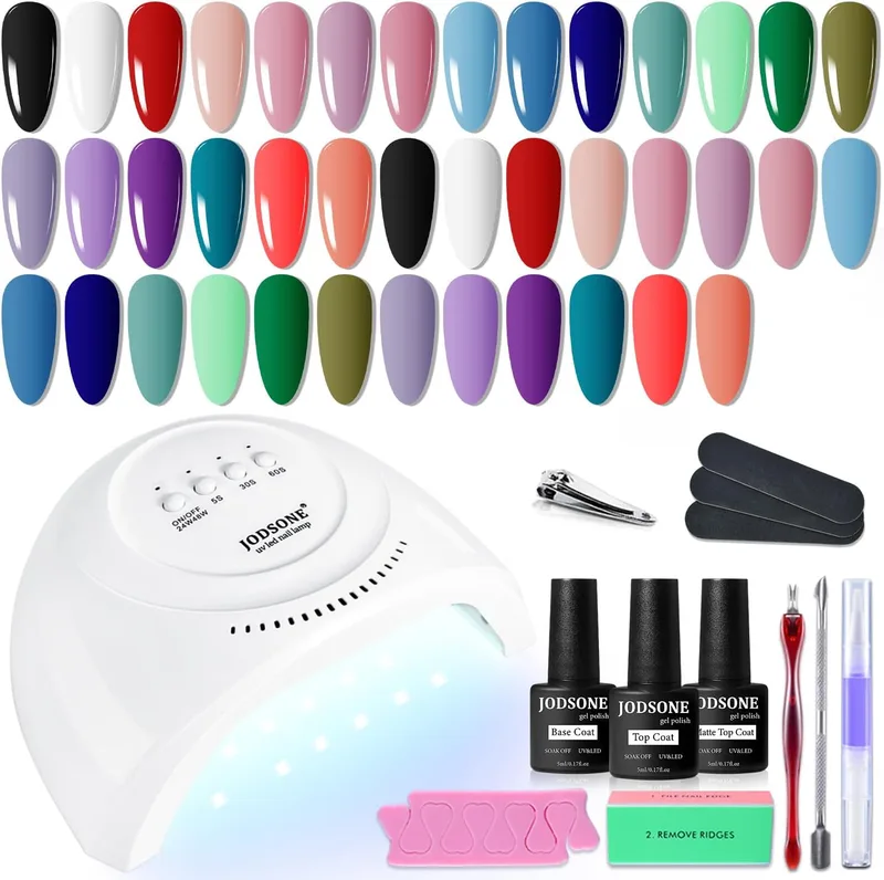 JODSONE ▫️ Kit de esmaltes de gel para unhas com 20 cores, incluindo base para luz UV e camada superior mate; gel para unhas vibrante de alto brilho, acompanhado de ferramentas de manicure…