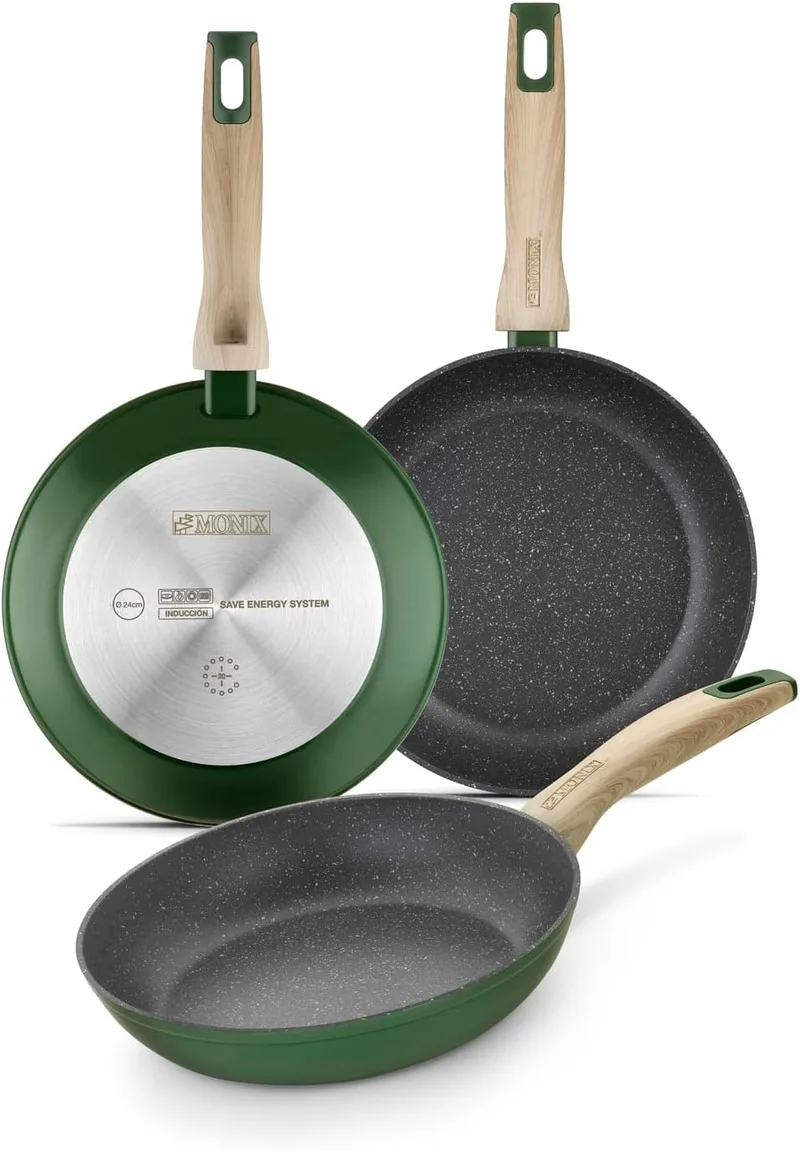 Monix ▫️ Amazonia | Conjunto de 3 frigideiras de 18-22-26 cm em alumínio forjado | Antiaderente, reforçado com titânio, sem PFOA, adequado para todos os tipos de fogões, incluindo os de indução