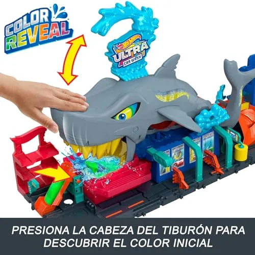 Hot Wheels ▫️ City «Let's Race - Vamos correr!» Netflix - Túnel de lavagem de carros com tubarão, pista para carros de brincar, inclui 1 veículo que muda de cor com água, brinquedo para maiores de 4 anos (HTN82) 3