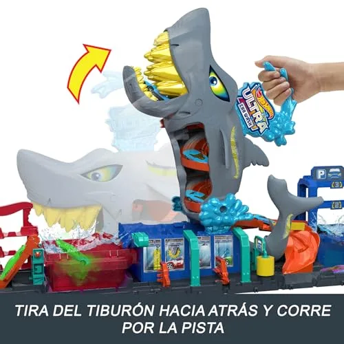 Hot Wheels ▫️ City «Let's Race - Vamos correr!» Netflix - Túnel de lavagem de carros com tubarão, pista para carros de brincar, inclui 1 veículo que muda de cor com água, brinquedo para maiores de 4 anos (HTN82) 5