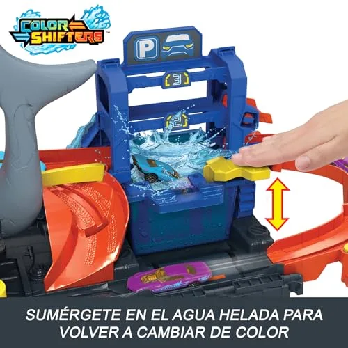 Hot Wheels ▫️ City «Let's Race - Vamos correr!» Netflix - Túnel de lavagem de carros com tubarão, pista para carros de brincar, inclui 1 veículo que muda de cor com água, brinquedo para maiores de 4 anos (HTN82) 6