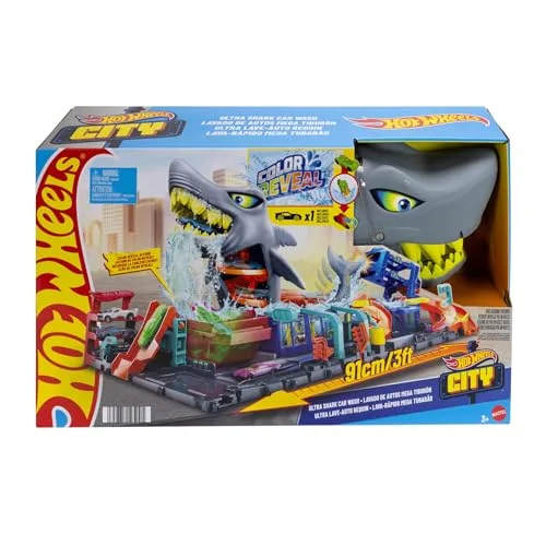Hot Wheels ▫️ City «Let's Race - Vamos correr!» Netflix - Túnel de lavagem de carros com tubarão, pista para carros de brincar, inclui 1 veículo que muda de cor com água, brinquedo para maiores de 4 anos (HTN82) 7