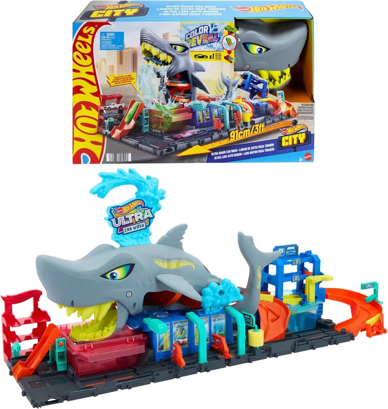 Hot Wheels ▫️ City «Let's Race - Vamos correr!» Netflix - Túnel de lavagem de carros com tubarão, pista para carros de brincar, inclui 1 veículo que muda de cor com água, brinquedo para maiores de 4 anos (HTN82)