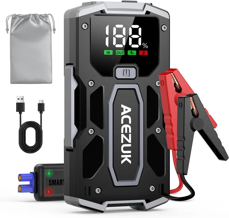 ACEZUK ▫️ 6000A Car Jump Starter, Arrancador de Bateria de Carro de 12V (para 5.5L Diesel ou 7.0L Gasolina), Arrancador de Bateria com Ecrã LCD de 2.5 polegadas, Clipes de Segurança Inteligentes, Luz LED