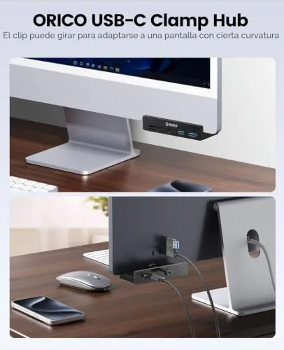 ORICO ▫️ Hub USB 3.0, concentrador USB com braçadeira e porta de alimentação adicional, adaptador USB-C em alumínio com 2 portas de dados USB-A, entrada AUX de 3,5 mm e leitor de cartões SD/TF para 2