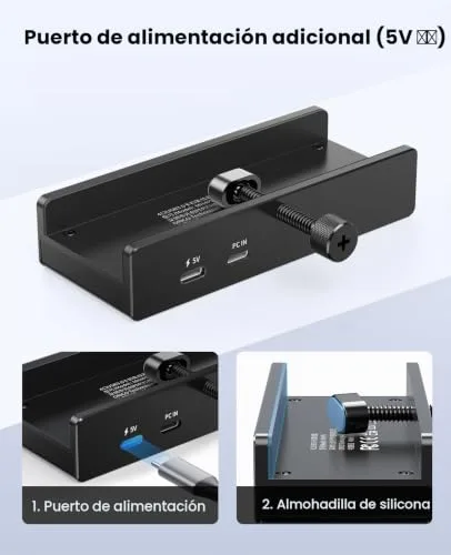ORICO ▫️ Hub USB 3.0, concentrador USB com braçadeira e porta de alimentação adicional, adaptador USB-C em alumínio com 2 portas de dados USB-A, entrada AUX de 3,5 mm e leitor de cartões SD/TF para 3
