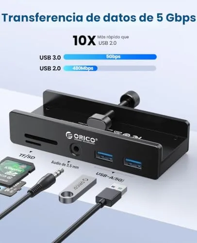 ORICO ▫️ Hub USB 3.0, concentrador USB com braçadeira e porta de alimentação adicional, adaptador USB-C em alumínio com 2 portas de dados USB-A, entrada AUX de 3,5 mm e leitor de cartões SD/TF para 5