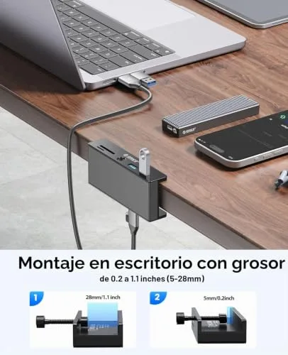 ORICO ▫️ Hub USB 3.0, concentrador USB com braçadeira e porta de alimentação adicional, adaptador USB-C em alumínio com 2 portas de dados USB-A, entrada AUX de 3,5 mm e leitor de cartões SD/TF para 6