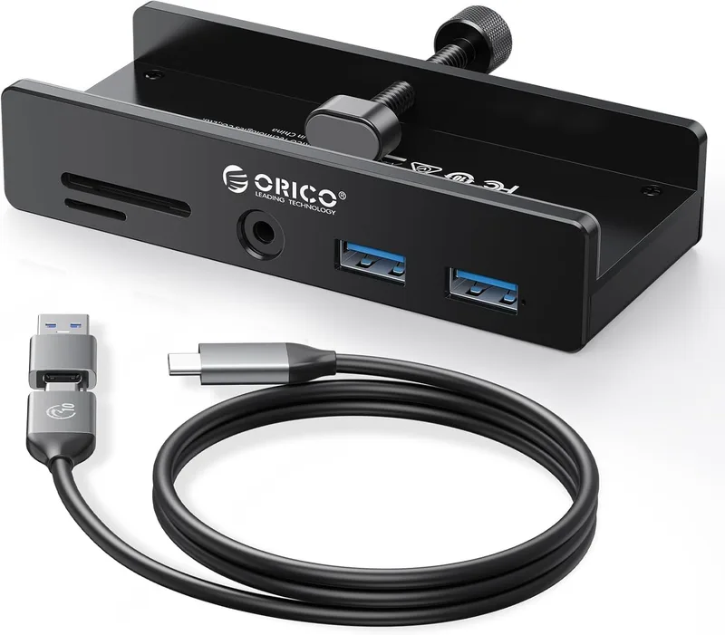 ORICO ▫️ Hub USB 3.0, concentrador USB com braçadeira e porta de alimentação adicional, adaptador USB-C em alumínio com 2 portas de dados USB-A, entrada AUX de 3,5 mm e leitor de cartões SD/TF para