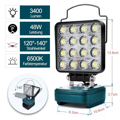 Edtran ▫️ Lâmpada a bateria para Bosch 18 V, luz de trabalho LED sem fios de 48 W, holofote LED potente, holofotes portáteis, lâmpada para estaleiros de construção 2