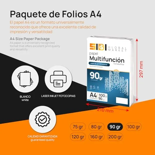 Sidi Global Market ▫️ Papel DIN A4 extra-branco - SIDI (400h, 90gr): Pacote de folhas para uso escolar, profissional ou pessoal, multiusos para fotocopiadora e impressora 2