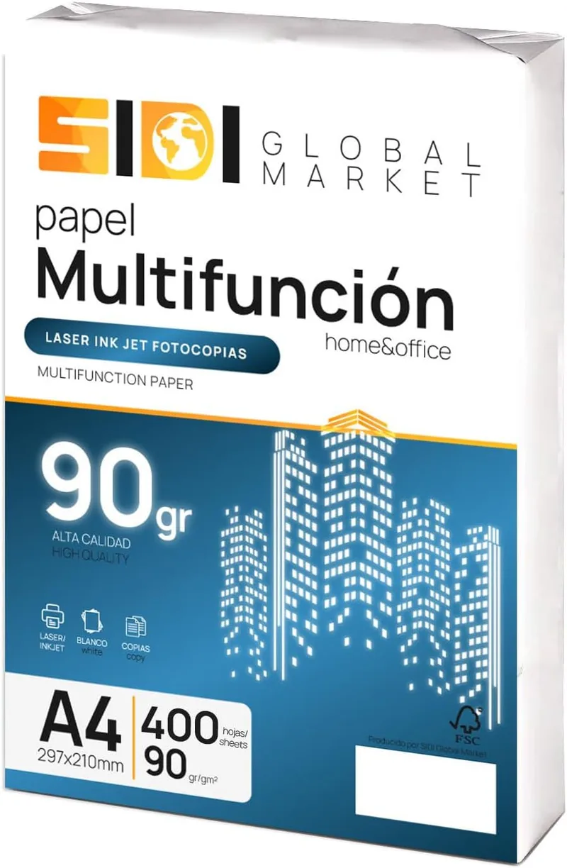 Sidi Global Market ▫️ Papel DIN A4 extra-branco - SIDI (400h, 90gr): Pacote de folhas para uso escolar, profissional ou pessoal, multiusos para fotocopiadora e impressora