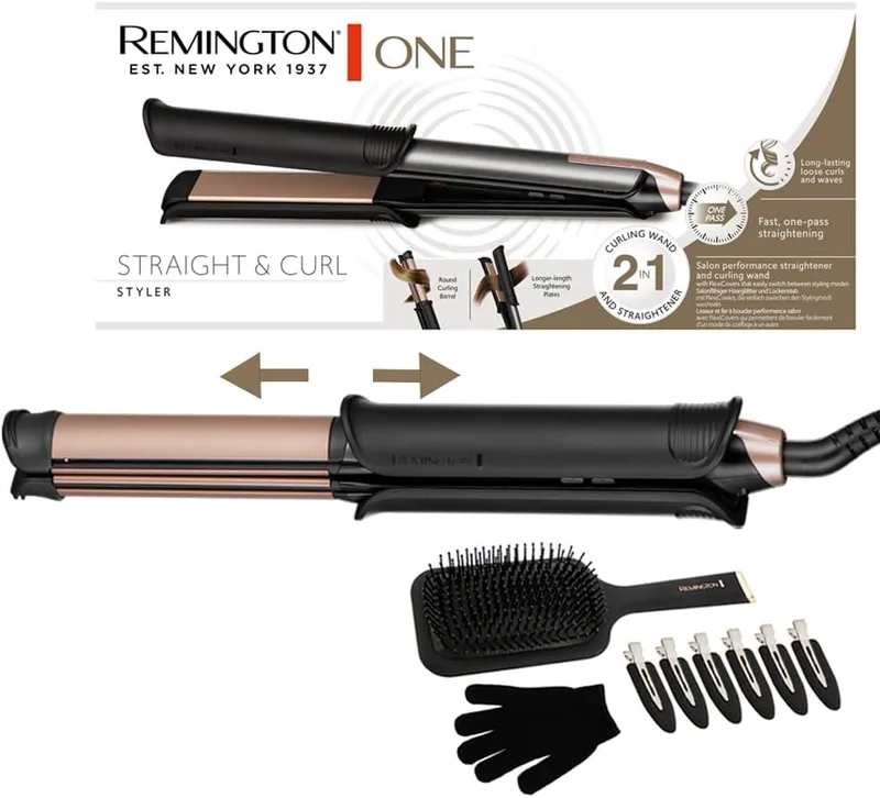 Remington ▫️ Alisador e modelador de cabelo Profissional ONE, 2 em 1, cerâmica avançada e turmalina antiestática, placa de alisamento de 110 mm, cilindro de modelagem de 32 mm, controlo digital, até 230 ºC - S6078