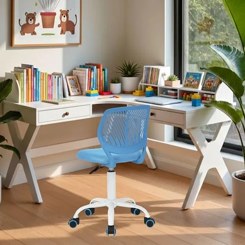 FurnitureR ▫️ Cadeira de escritório colorida, com design moderno e ajustável para computador, cadeira giratória sem braços, para o quarto de estudo das crianças, escritório em casa, azul, plástico, 38,5 cm x 40 cm x 2
