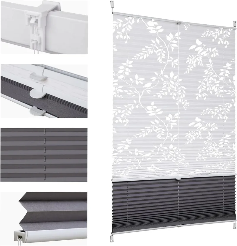Sekey ▫️ Plissee DoppelPlissee Day+Night dunkung ohne Bohren verspannt Lichtschutz Klemmfix Lichtdurchlässig Ausbrenner-Muster 70x130cm Druck & Grau