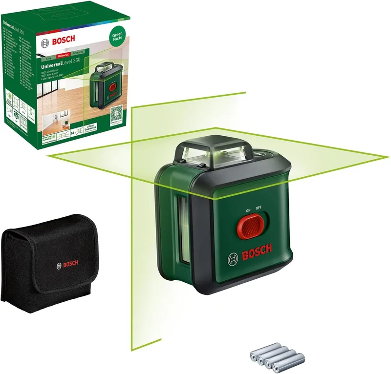 Bosch ▫️ Nível a laser de linhas cruzadas UniversalLevel 360 (linhas de laser verticais + horizontais, incluindo 360° para alinhamento em toda a divisão, em caixa de cartão)