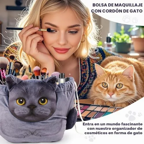 Openhahaha ▫️ Bolsa de maquilhagem com desenho de gatinho e cordão, organizador de maquilhagem de grande capacidade, bolsa de maquilhagem portátil para viagem, bolsa de maquilhagem para mulheres e meninas 2