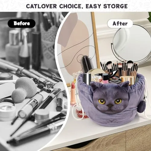 Openhahaha ▫️ Bolsa de maquilhagem com desenho de gatinho e cordão, organizador de maquilhagem de grande capacidade, bolsa de maquilhagem portátil para viagem, bolsa de maquilhagem para mulheres e meninas 4