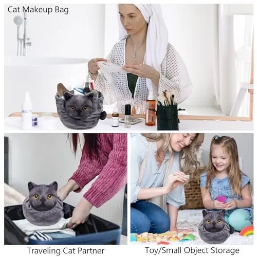 Openhahaha ▫️ Bolsa de maquilhagem com desenho de gatinho e cordão, organizador de maquilhagem de grande capacidade, bolsa de maquilhagem portátil para viagem, bolsa de maquilhagem para mulheres e meninas 6
