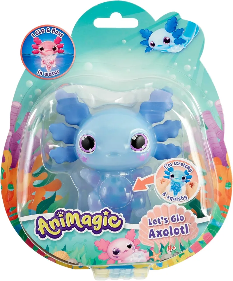 Animagic ▫️ Goliath - Let's GLO Axolotl - Mascote eletrónica e luminosa - Azul - para crianças a partir dos 4 anos - Jogo sensorial e experiência tátil - Corpo extensível - Flutua e brilha na água
