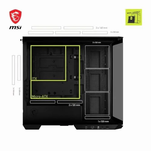 MSI ▫️ mag PANO M100L PZ – Torre de gaming Micro-ATX com painel panorâmico em vidro, ventilação otimizada, compatível com ARGB e refrigeração líquida – Caixa de PC compacta 5