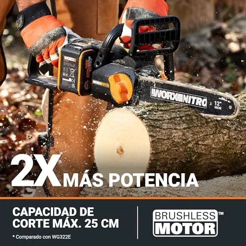 WORX ▫️ WG350E.9 Nitro - Motosserra profissional com bateria de 20 V, motosserra potente para madeira, 10 m/s, comprimento de corte de 30 cm, compacta e segura, lubrificação automática, tensão simples da corrente, 3