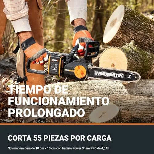 WORX ▫️ WG350E.9 Nitro - Motosserra profissional com bateria de 20 V, motosserra potente para madeira, 10 m/s, comprimento de corte de 30 cm, compacta e segura, lubrificação automática, tensão simples da corrente, 5