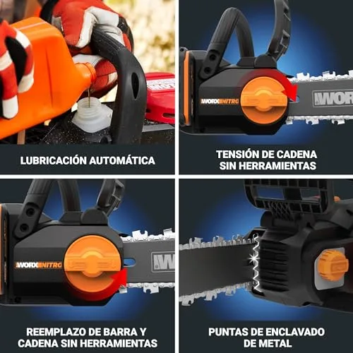 WORX ▫️ WG350E.9 Nitro - Motosserra profissional com bateria de 20 V, motosserra potente para madeira, 10 m/s, comprimento de corte de 30 cm, compacta e segura, lubrificação automática, tensão simples da corrente, 7