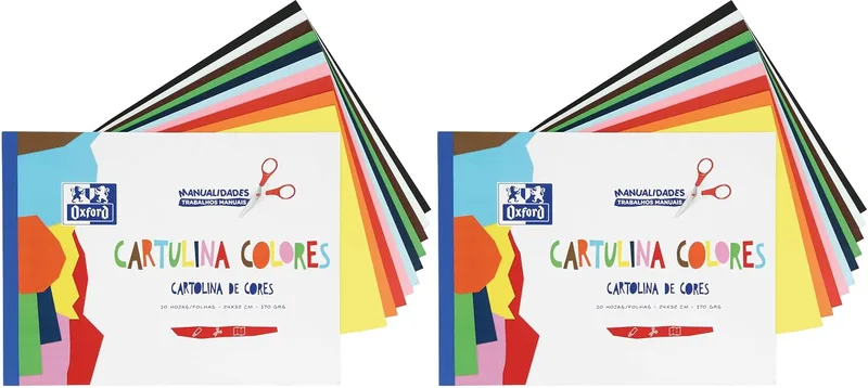 Oxford ▫️ Bloco de cartolinas coloridas com 10 folhas em 10 cores sortidas, coladas. Cartolina de 170 g. (Embalagem de 2)