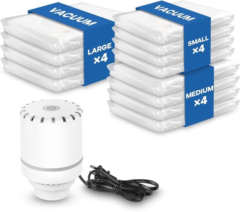 Vacbird ▫️ Sacos de vácuo para roupa com bomba eléctrica, 12 peças (4 grandes, 4 médias, 4 pequenas), para roupa, cobertores, edredões, colchas, viagens