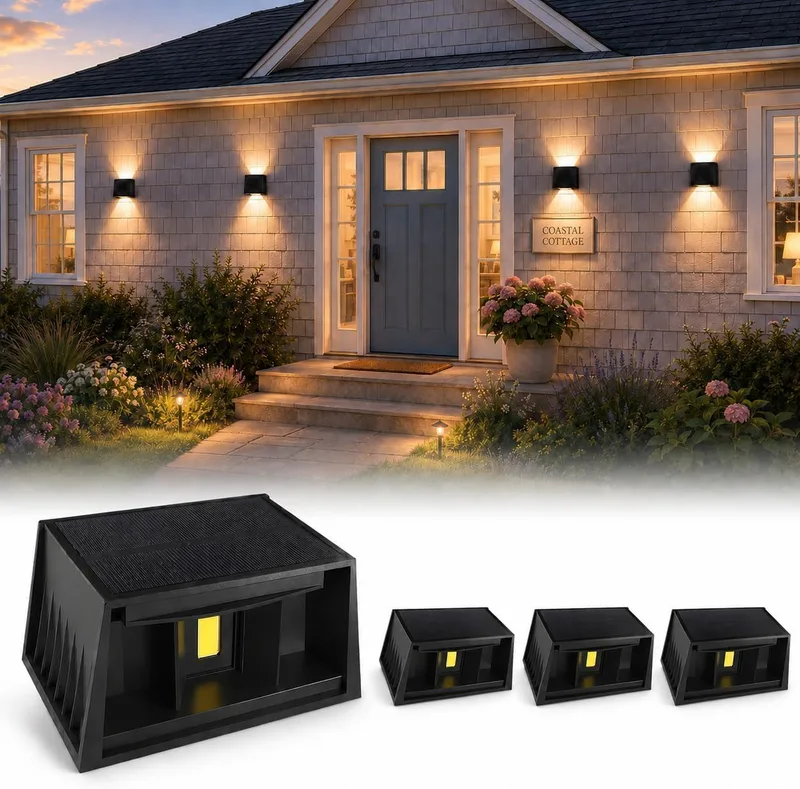 T-SUN ▫️ 4 Pcs Solar Outdoor Wall Light 3000K Modern Square Black IP65 Waterproof Ajustável para cima e para baixo para Jardim Cerca Garagem Escadas Porta da frente Pátio