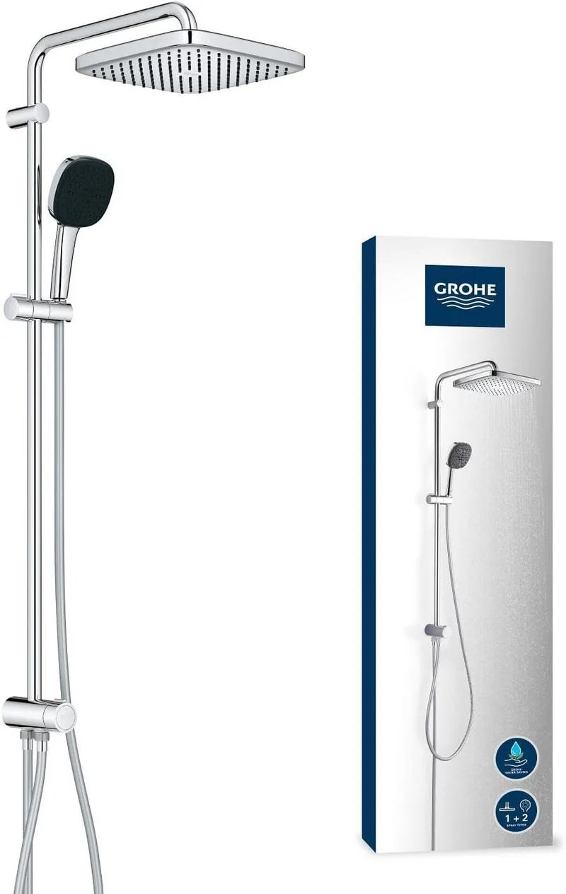 GROHE ▫️ Sistema de duche Vitalio Comfort 250 Flex com desviador (poupança de água, 2 padrões de pulverização, instalação flexível, durável), quadrado, cromado, 26986001