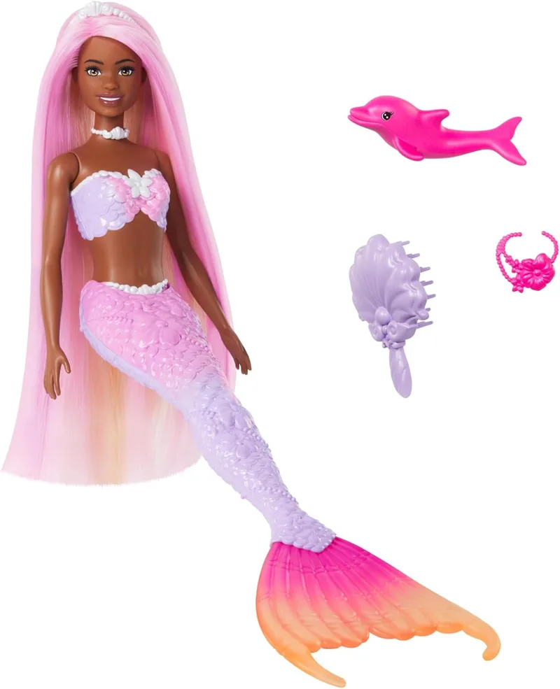 Barbie ▫️ Boneca Boneca sereia do Brooklyn que muda de cor com a água, com acessórios de moda e golfinho, série Um Toque de Magia, brinquedo +3 anos (Mattel HRP98)