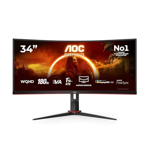 AOC ▫️ Gaming CU34G2XP, monitor curvo WQHD de 34 polegadas, VA, 180 Hz, 1 ms GtG, HDR400, modo Jogo, altifalantes, ajustável (1500R, 3440 x 1440, 400 cd/m, HDMI 2.0 / DP 1.4) 2