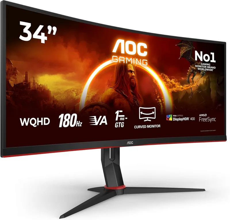AOC ▫️ Gaming CU34G2XP, monitor curvo WQHD de 34 polegadas, VA, 180 Hz, 1 ms GtG, HDR400, modo Jogo, altifalantes, ajustável (1500R, 3440 x 1440, 400 cd/m, HDMI 2.0 / DP 1.4)